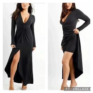 Popilush Black Shapewear Deep V Twist Front Hourglass Maxi Dress Plus Size 2X